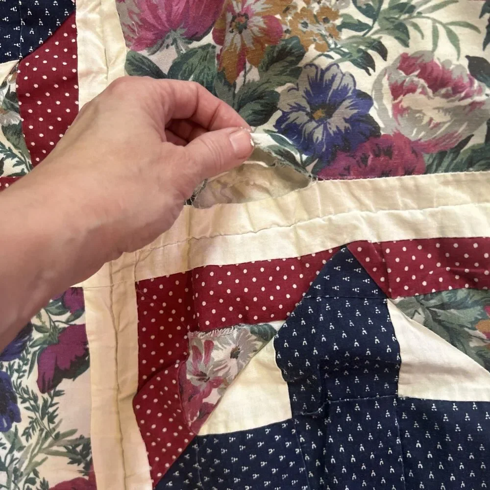 Vtg Twin Handmade Quilt Burgundy And Blue Floral 80x64 Twin Cottage Country